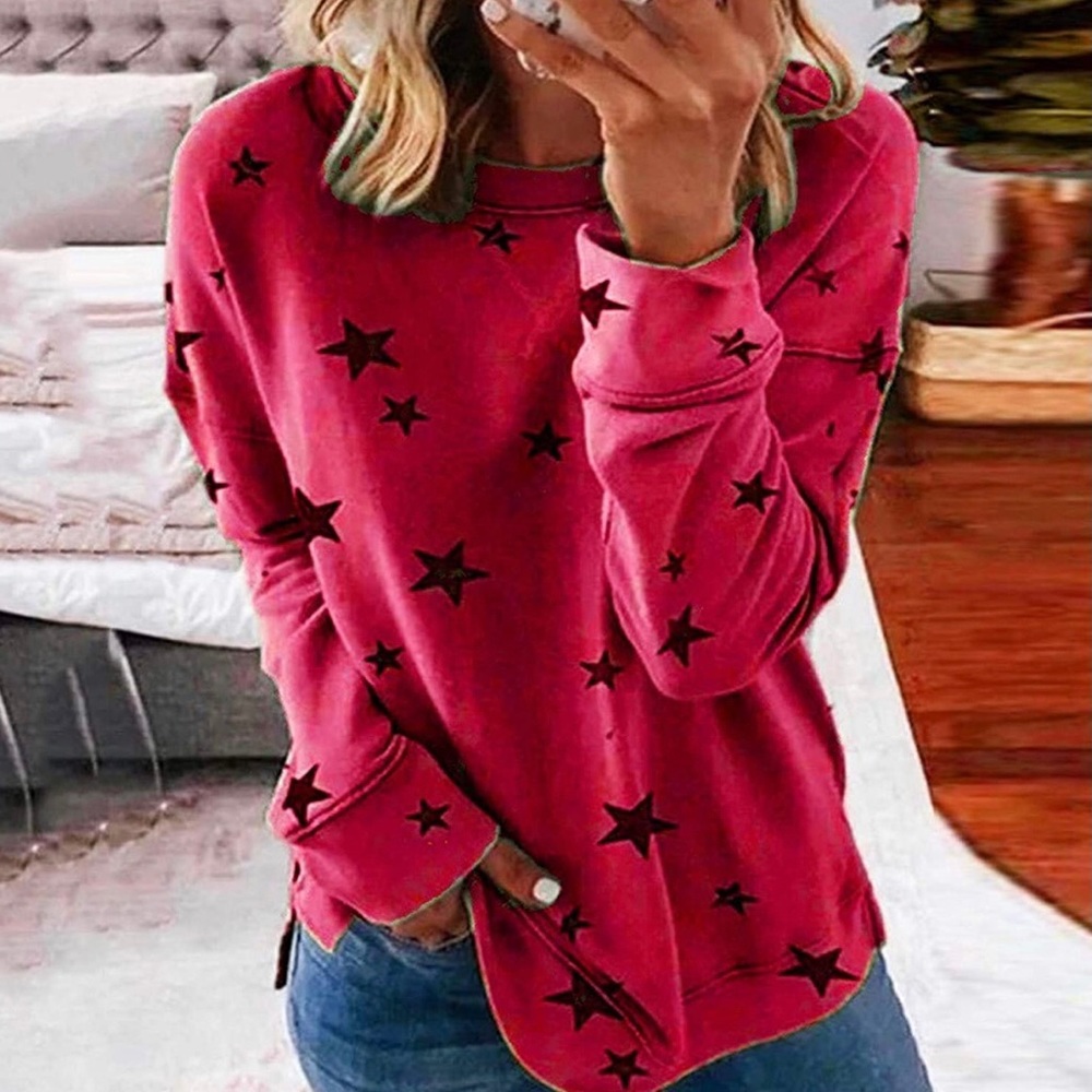 *Women’s Red Round Neck Long-Sleeve Star Pullovers